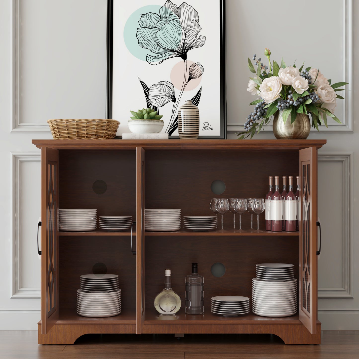 48.66 X 15.55 34.06in Spacious Size Sideboard 3 Clear Tempered Glass