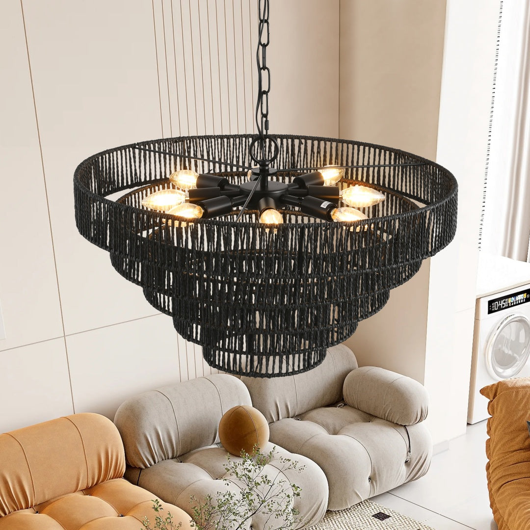 Rustic 5-Tier Black Hemp Rope Pendant Light Chandelier - 8 E12 Sockets