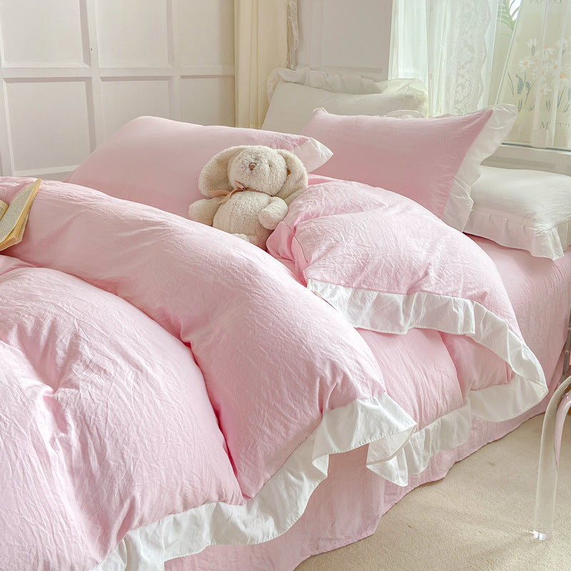 Instagram-Style White Bedding Set - Princess Water-Washed Cotton, 4-Piece Duvet Cover Set