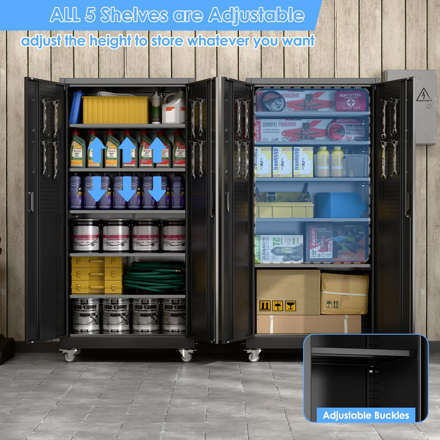 Metal Garage Storage Cabinet with Wheels - 34" W, Lockable, 5 Shelves