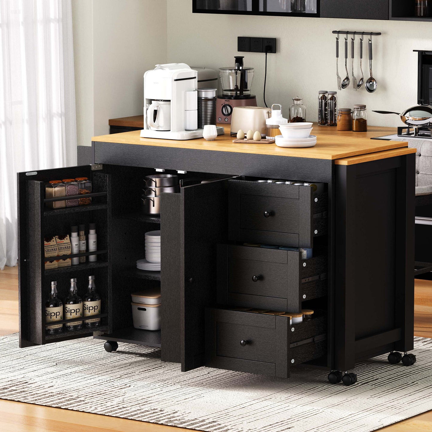 K&K 74.8 Kitchen Island With Extendable Dining Table, Storage Cart 3