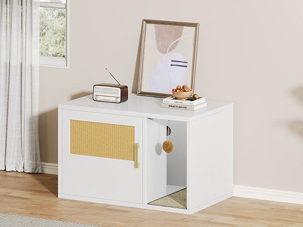 Multifunctional Cat Litter Box Cabinet with Odor Control & Side Table - White