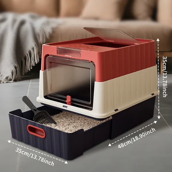 Red Cat Litter Box with Drawer Style Design, Space-Saving Pet Waste Solution
