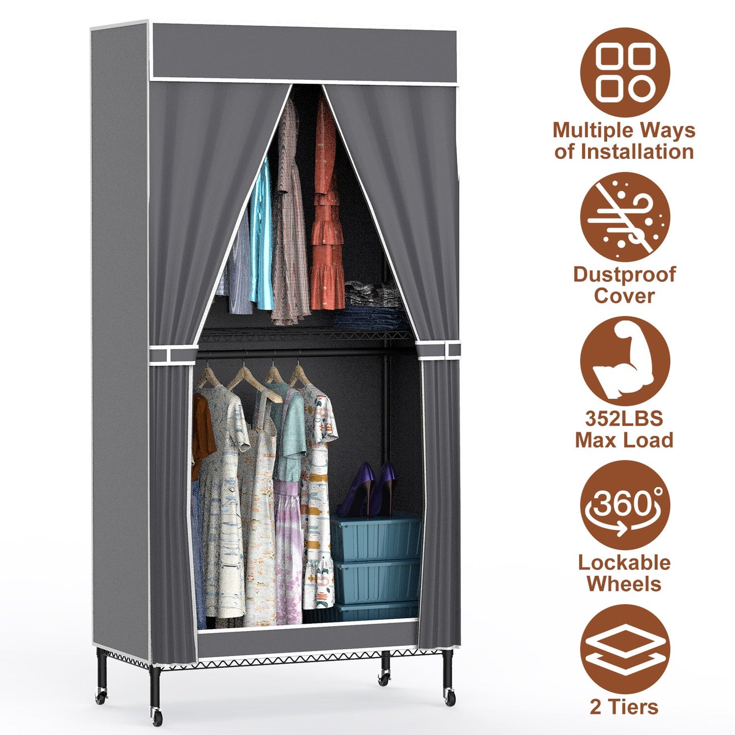 1Pc 2 Tier Foldable Clothing Rack With Cover Portable Wardrobe Closet