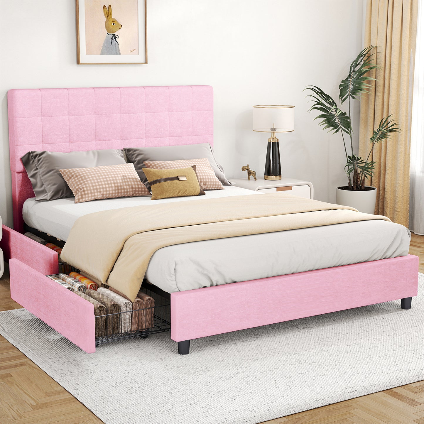 Full Bed Frame Upholstered Vertical Channel Headboard With 4 Storage