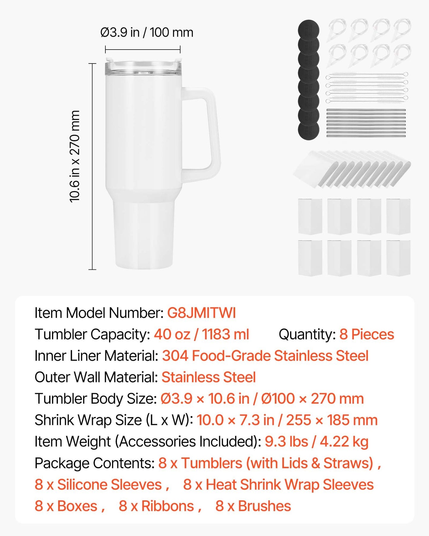 8 Pack 40oz Stainless Steel Sublimation Tumblers with Handles & Lids for DIY Customization