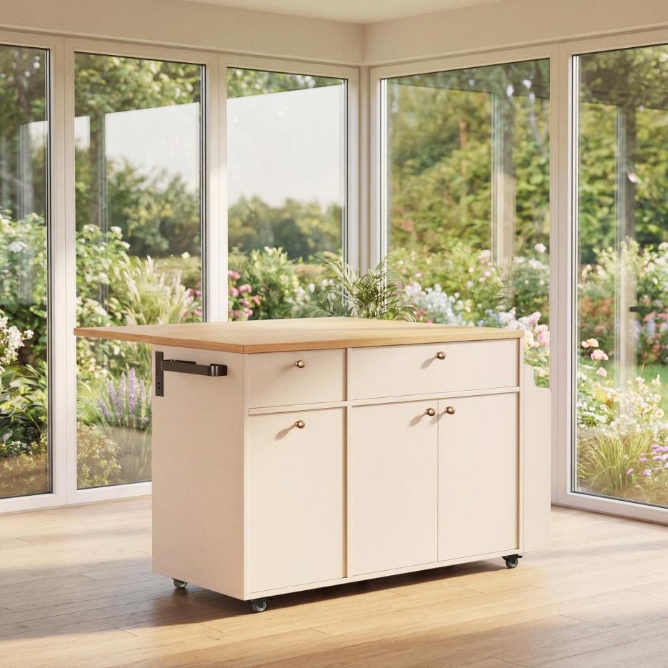 Rolling Kitchen Island Cart with Storage & Drop Leaf Extension - White