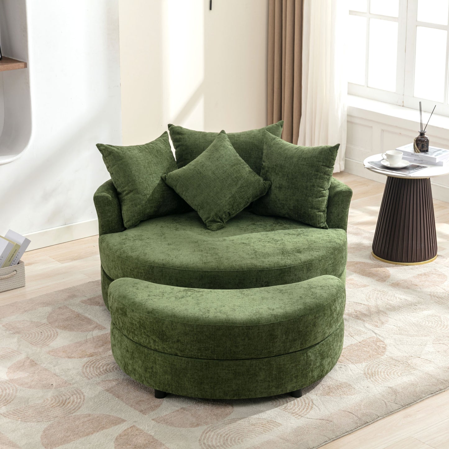 360° Swivel Accent Barrel Chair with Storage Ottoman & 4 Pillows - Green