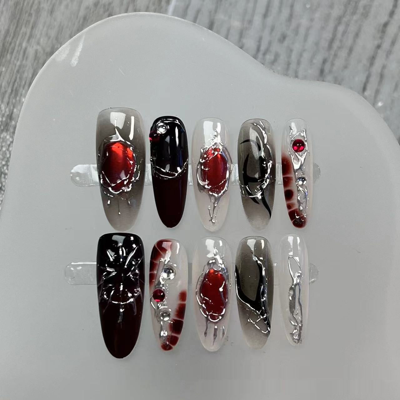 Black and Red Gradient Handmade Wearable Nail Art Kit - Prolate Ellipse XS-L