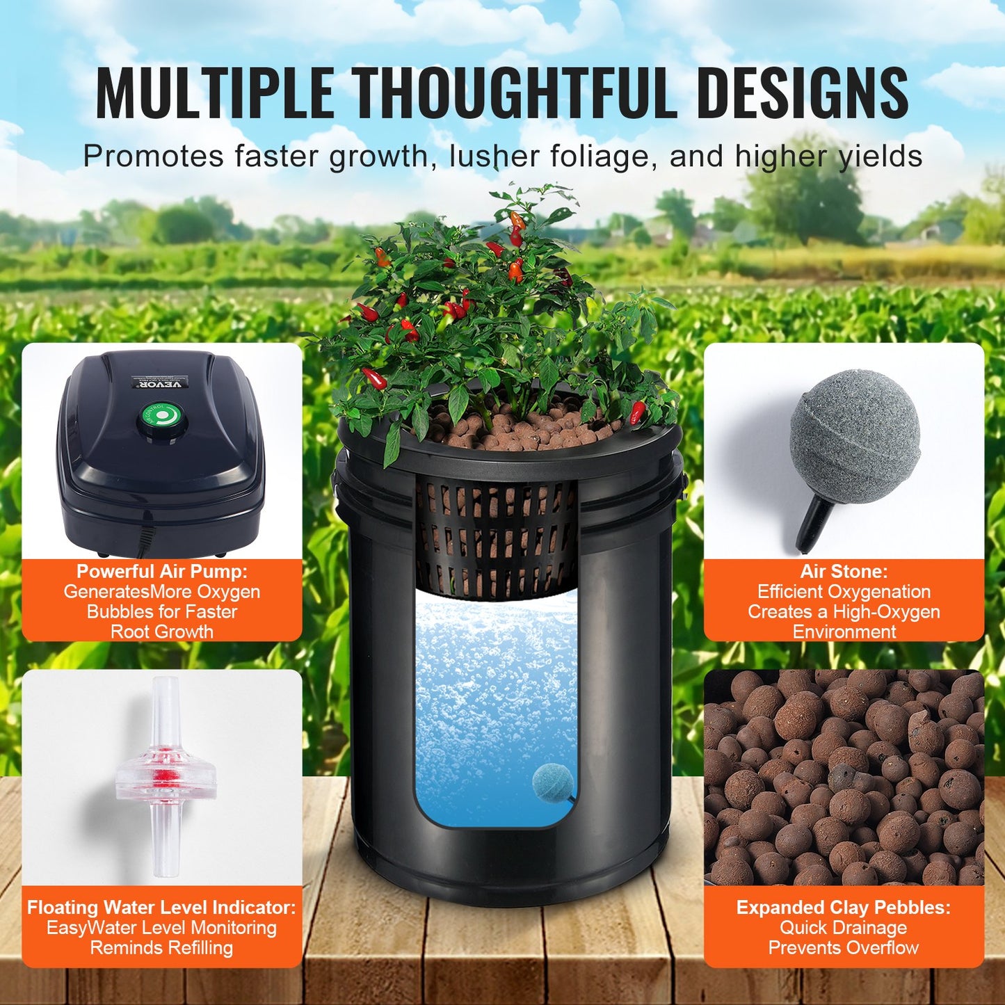 Hydroponic Recirculating Deep Water Culture System with 4 Buckets - 5 Gallon, Black