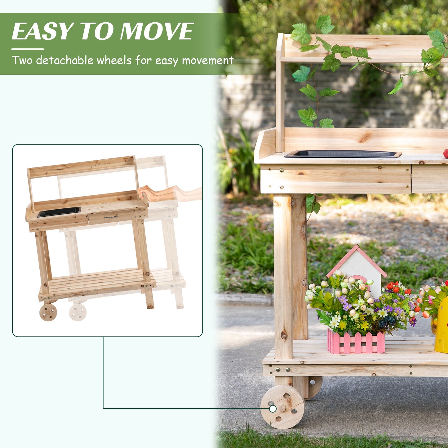 36-Inch Wooden Potting Bench Work Table with Removable Sink & Wheels