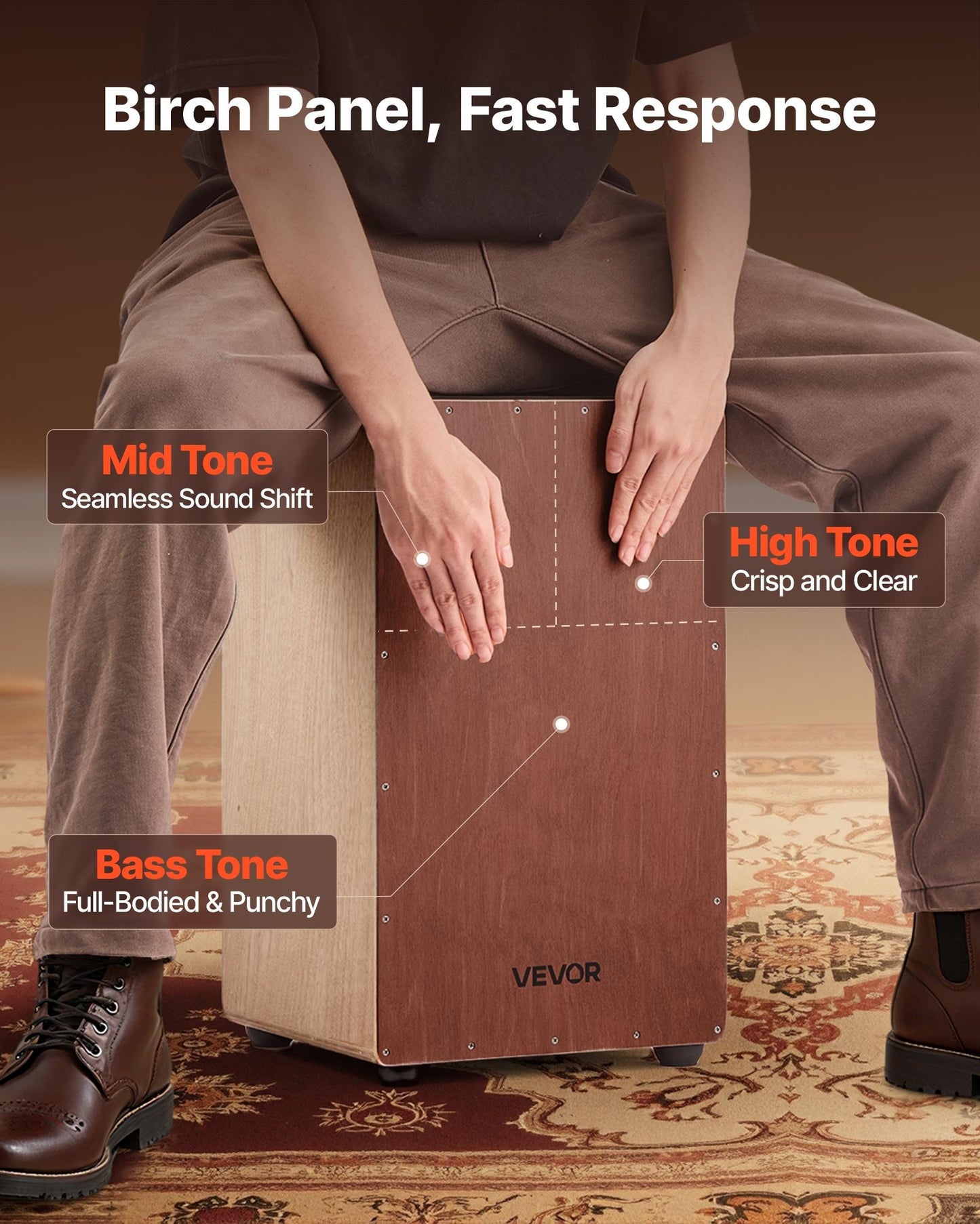 Wooden Cajon Box Drum with Internal Snare Wires - Percussion Instrument