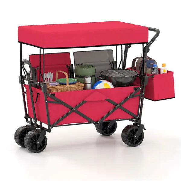 Foldable Utility Wagon with Adjustable Handle & Canopy - Red