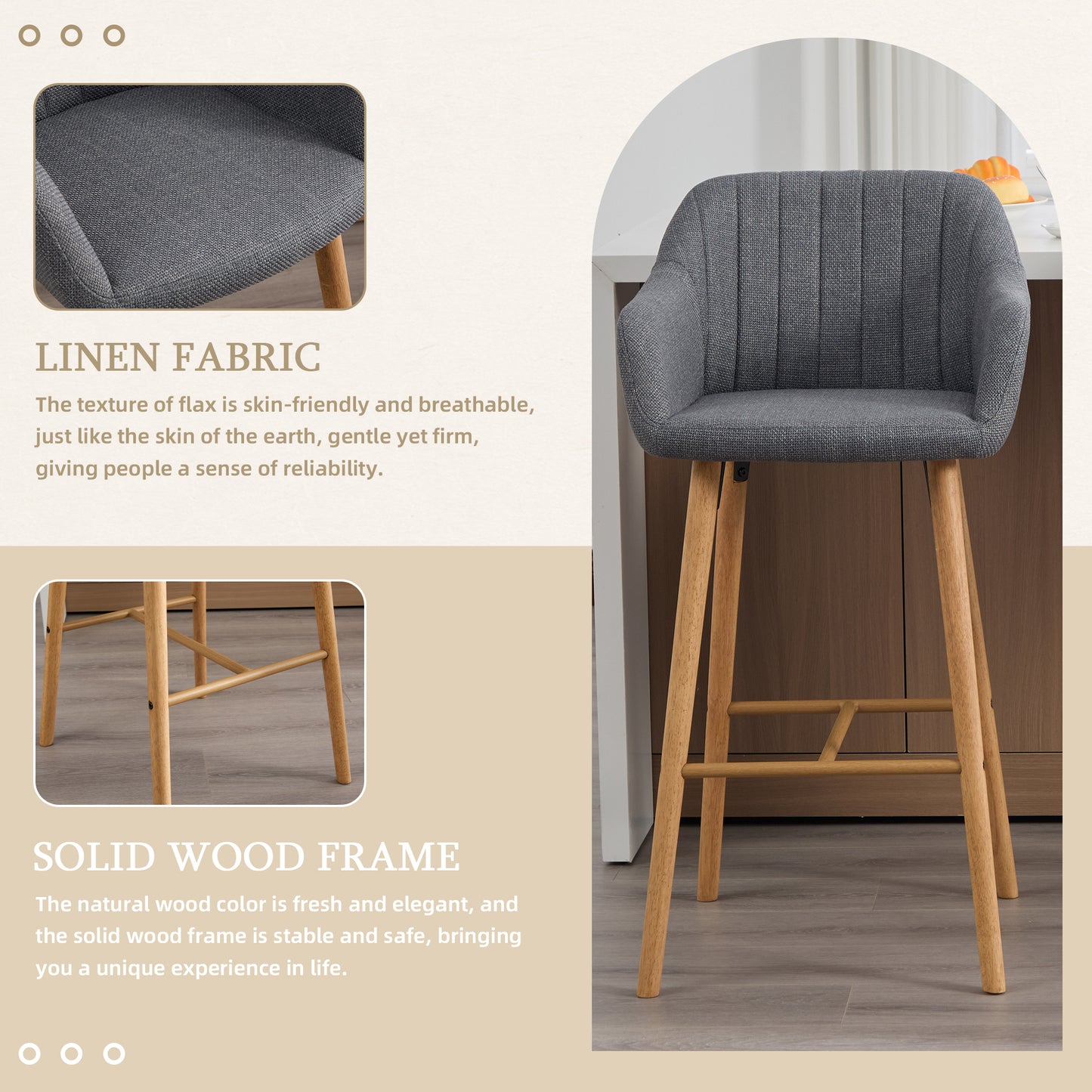 Modern Bar Stools Set of 2 - Gray Linen Upholstered Chairs