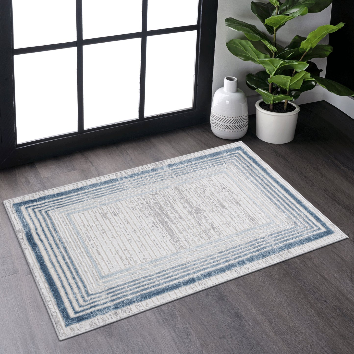 MARFI 2X3 Blue Ivory Bordered Doormat Rug