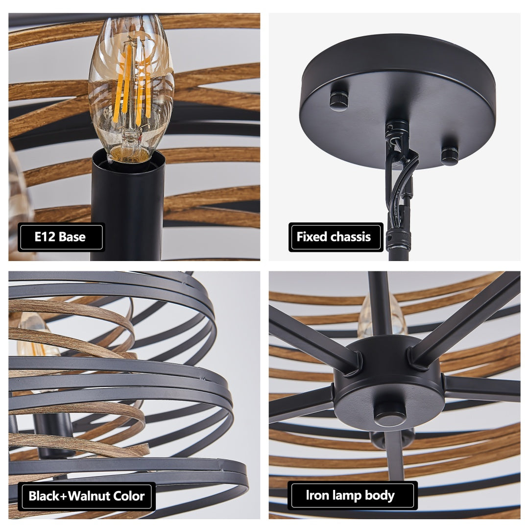 3-Light Industrial Pendant Chandelier with Wood Accents