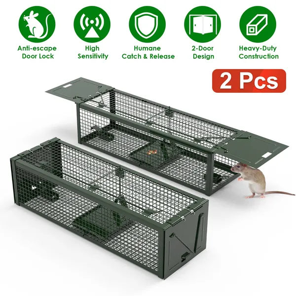 Humane Live Rat Trap - 2-Door Galvanized Iron Cage - Reusable