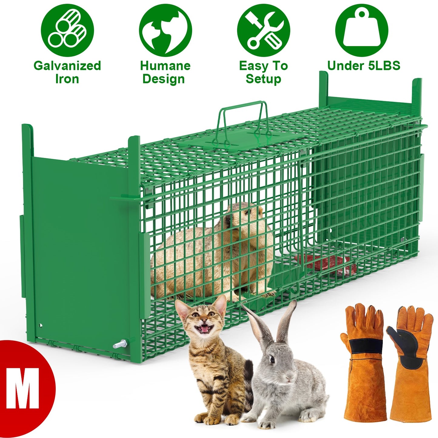 32-Inch Humane Animal Trap Cage with Gloves - Green