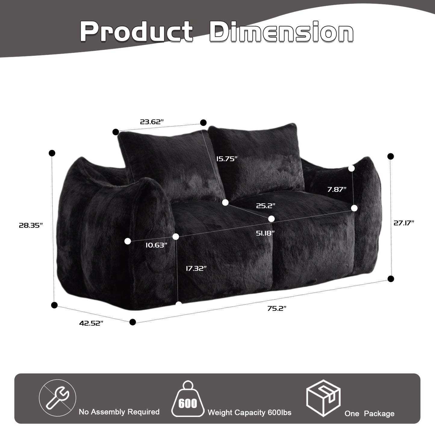 Giant Bean Bag Couch for Adults - Ultra Soft Fluffy Loveseat in Black