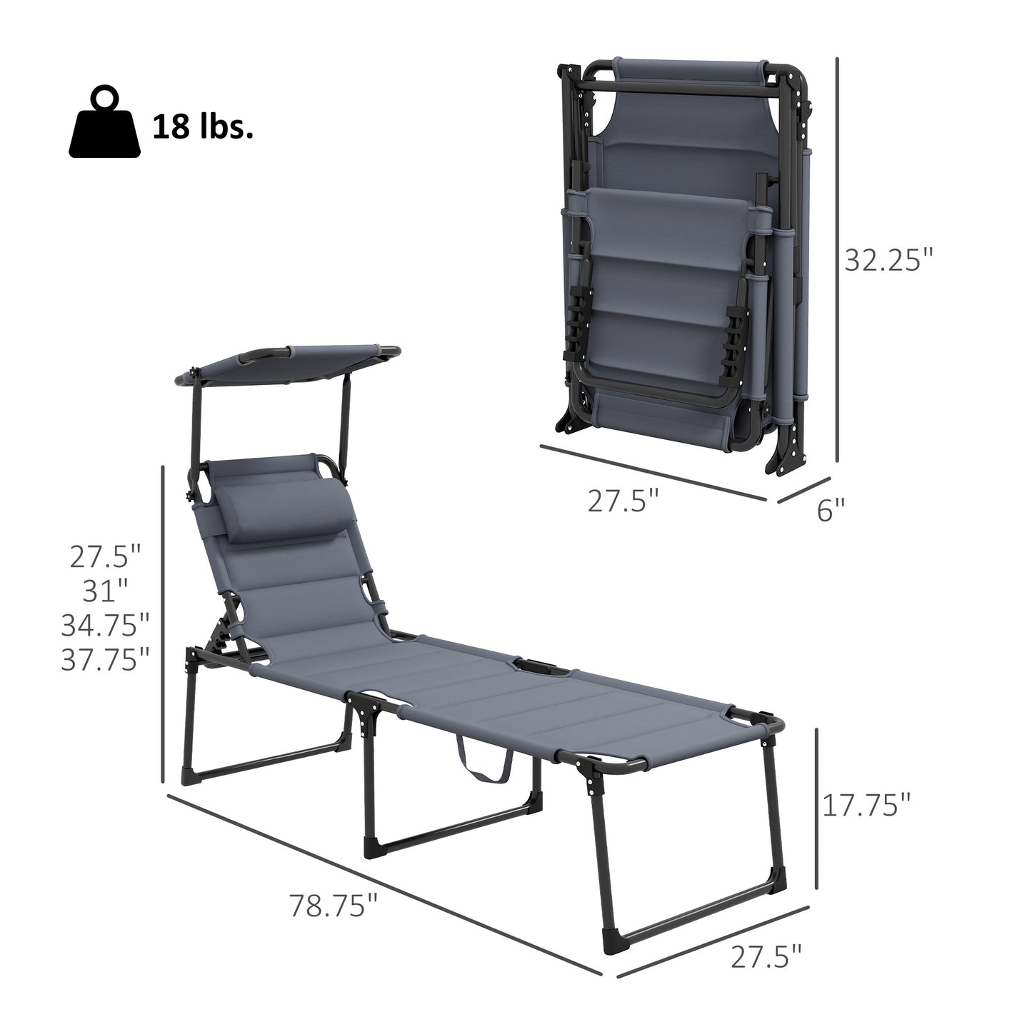 Adjustable Folding Lounge Chair with Sunshade - Gray