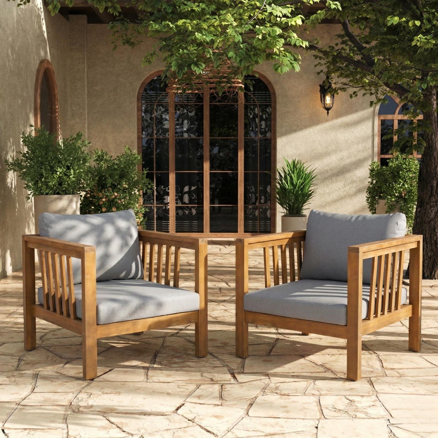 Set Of 2 Outdoor Acacia Wood Club Chairs With Modern Square Arms,