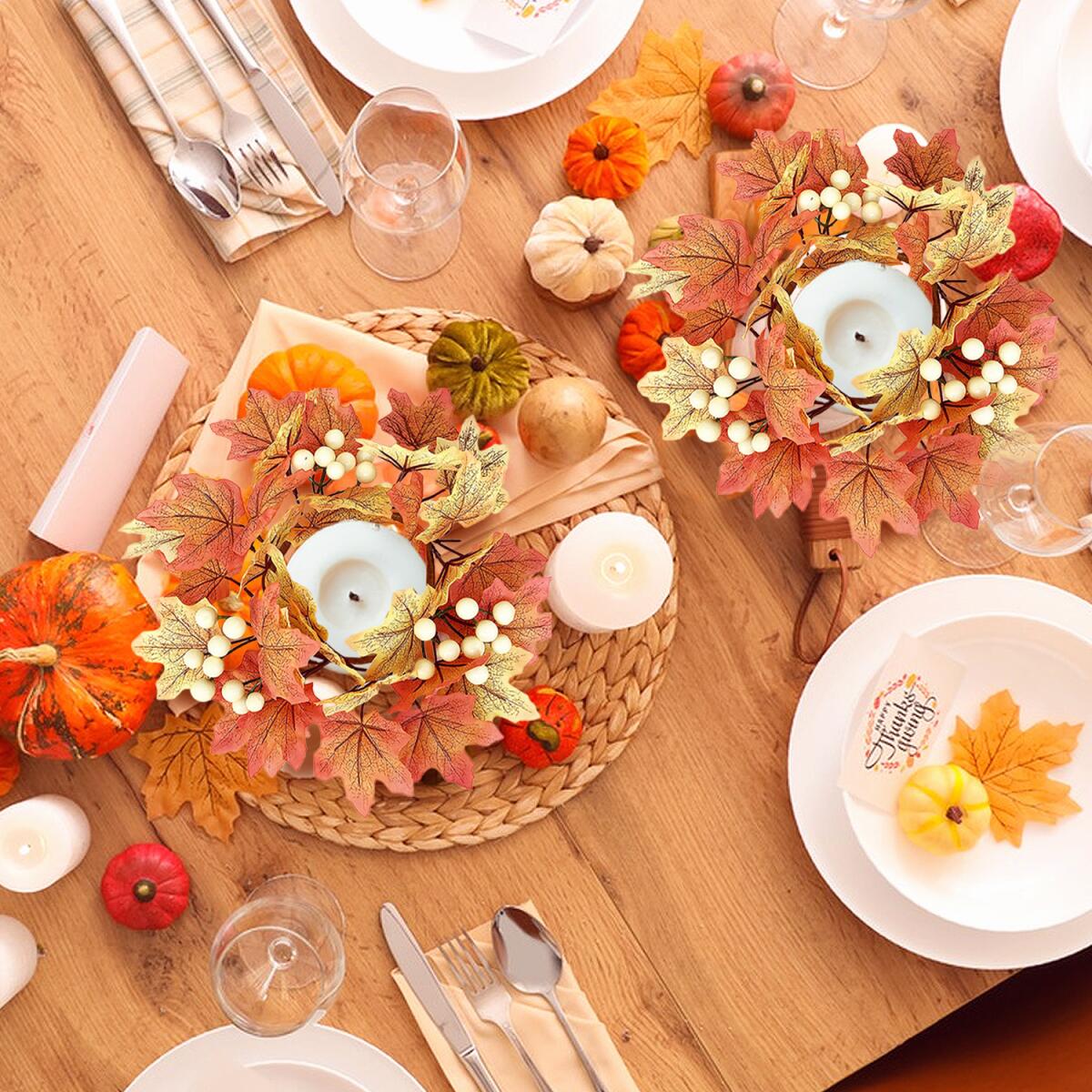 Fall Candle Rings - 2 Pcs Decorative Wreaths with Maple Leaves & Berries