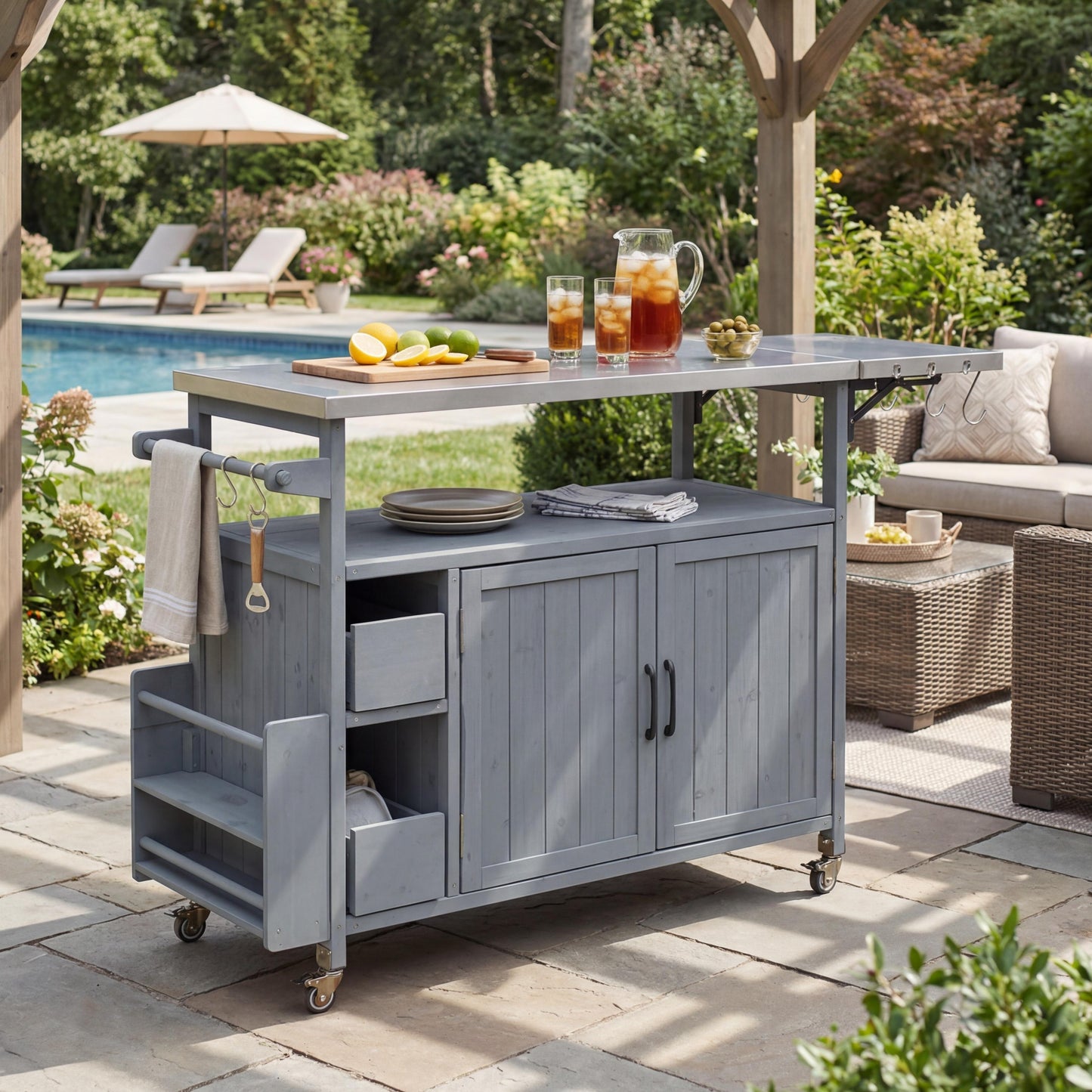 54.33 Farmhouse Rolling Outdoor Kitchen Cart, Solid Wood Frame With