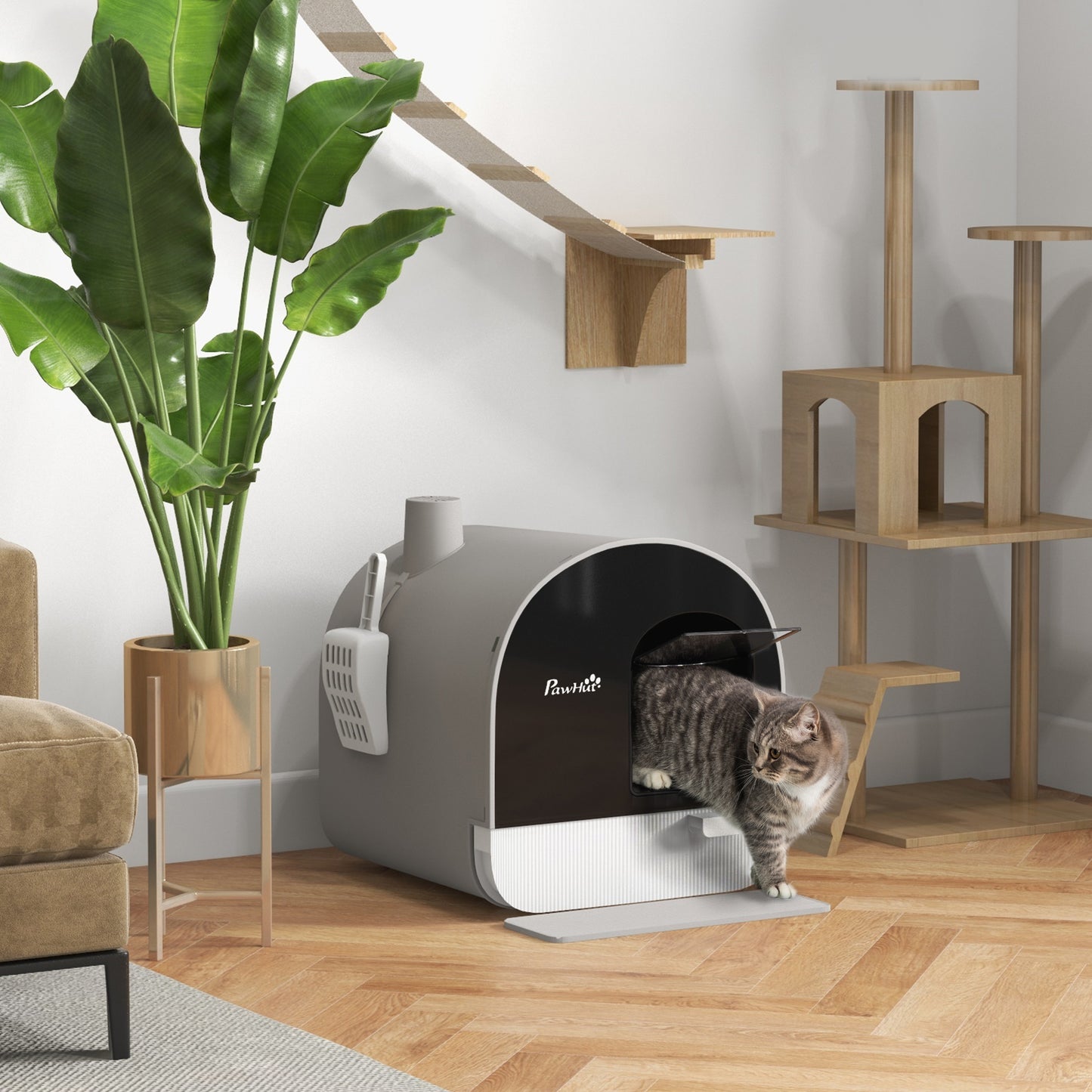 Hooded Cat Litter Box with Scoop & Filter - Light Gray, 475x455x460mm