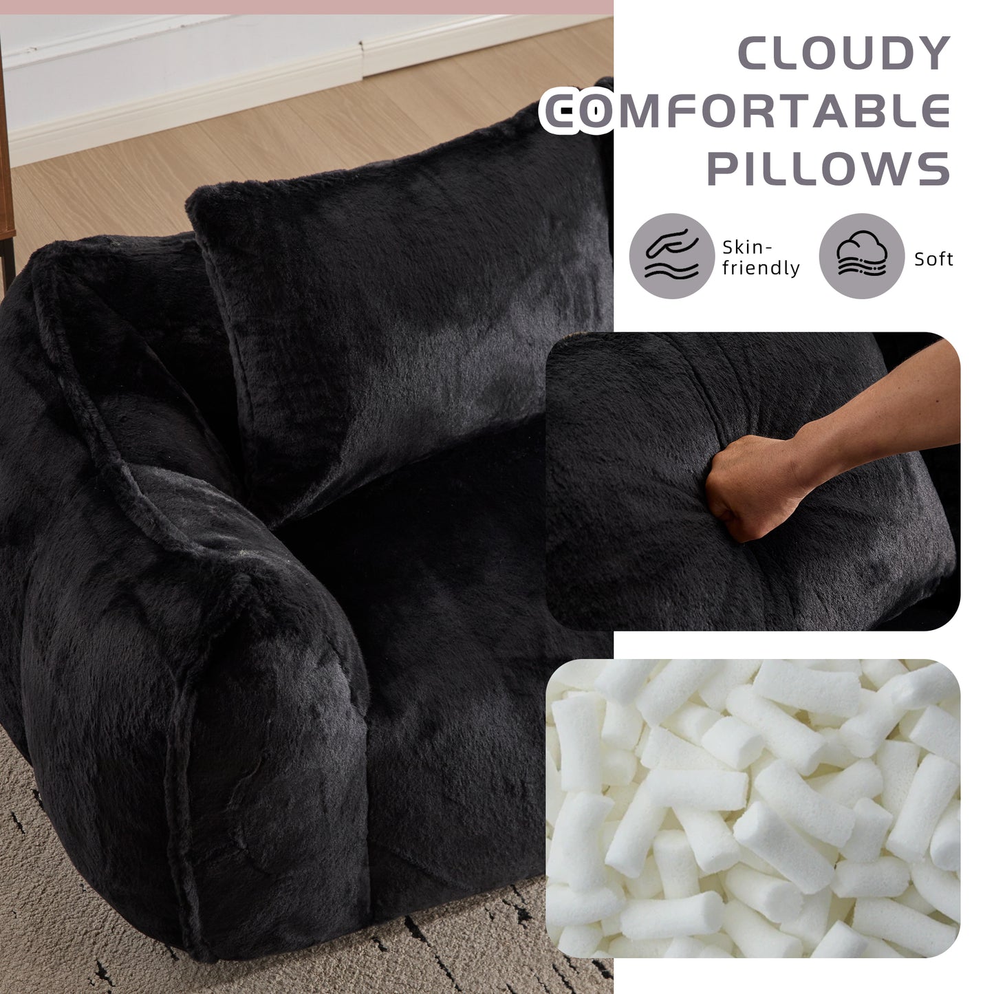 Giant Bean Bag Couch for Adults - Ultra Soft Fluffy Loveseat in Black