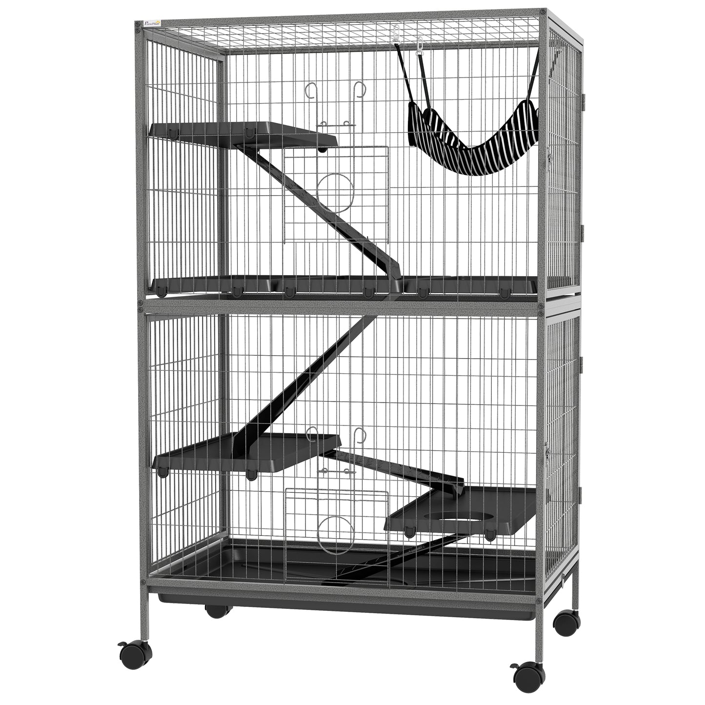50-Inch Rolling Small Animal Cage with Hammock, Removable Tray for Ferrets & Chinchillas - Gray