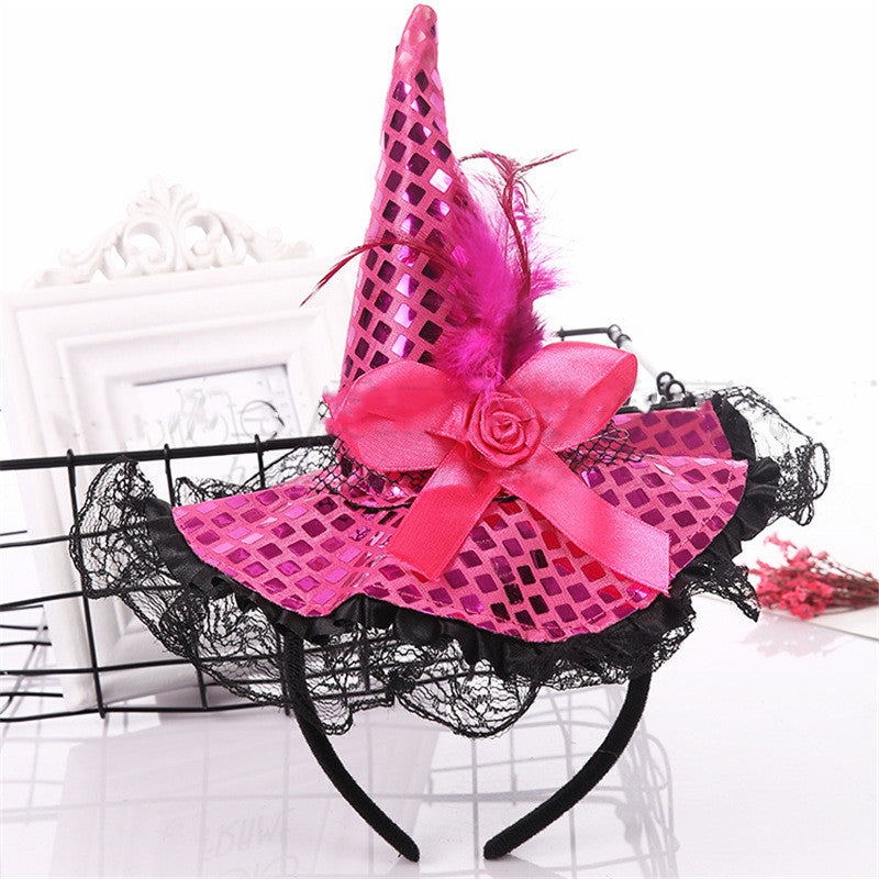 Masquerade Witch Hat Headband with Sequins & Lace