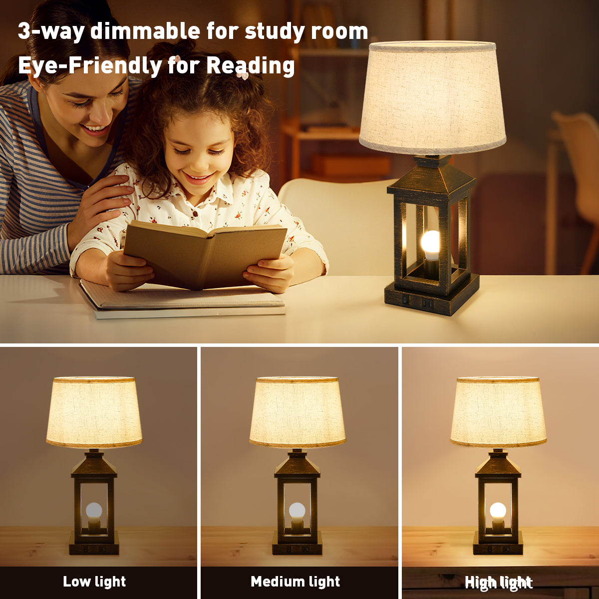 Dimmable Black Gold Farmhouse Table Lamp with USB Ports