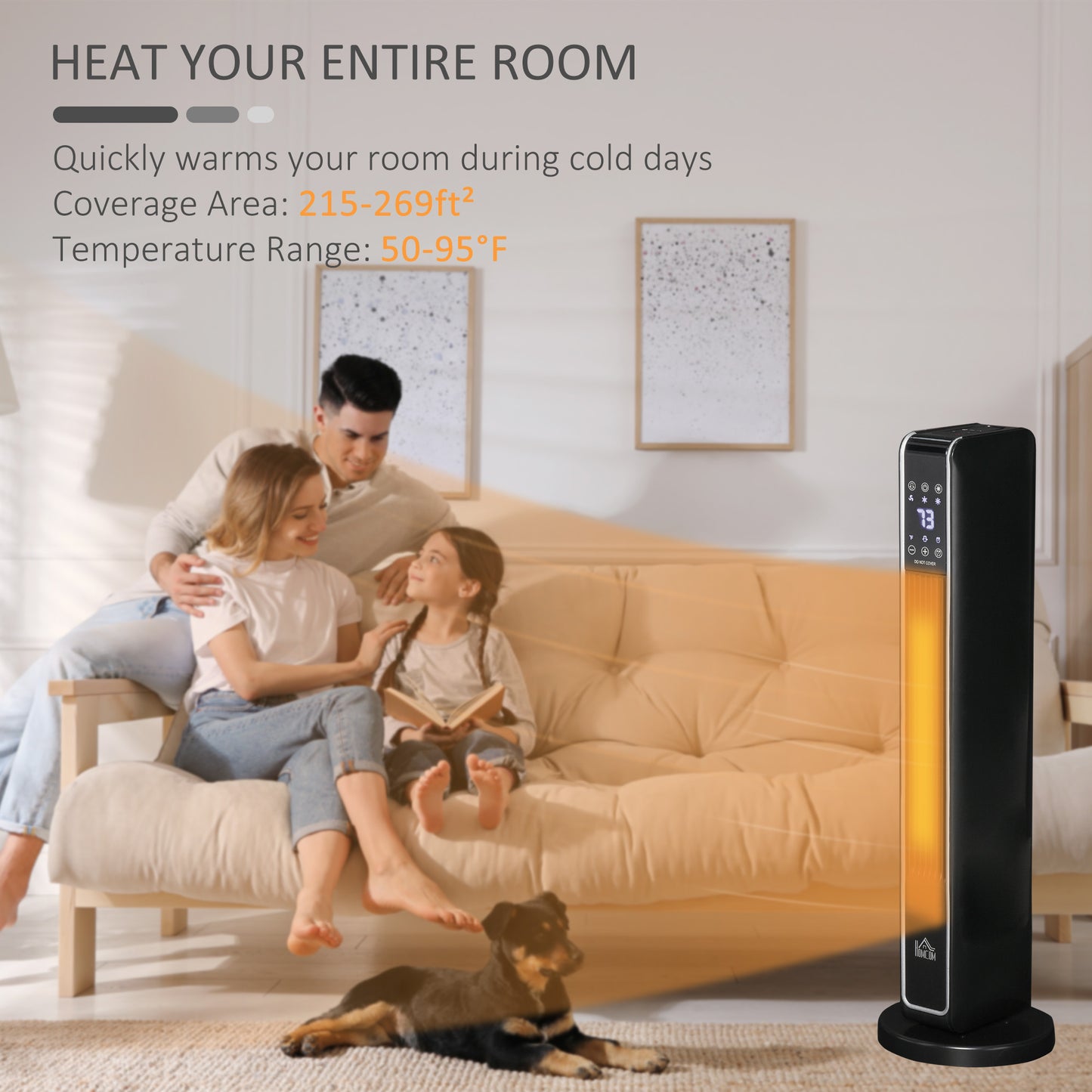 Portable Electric Tower Space Heater with Remote, 750W/1500W, Oscillating, Timer - Black
