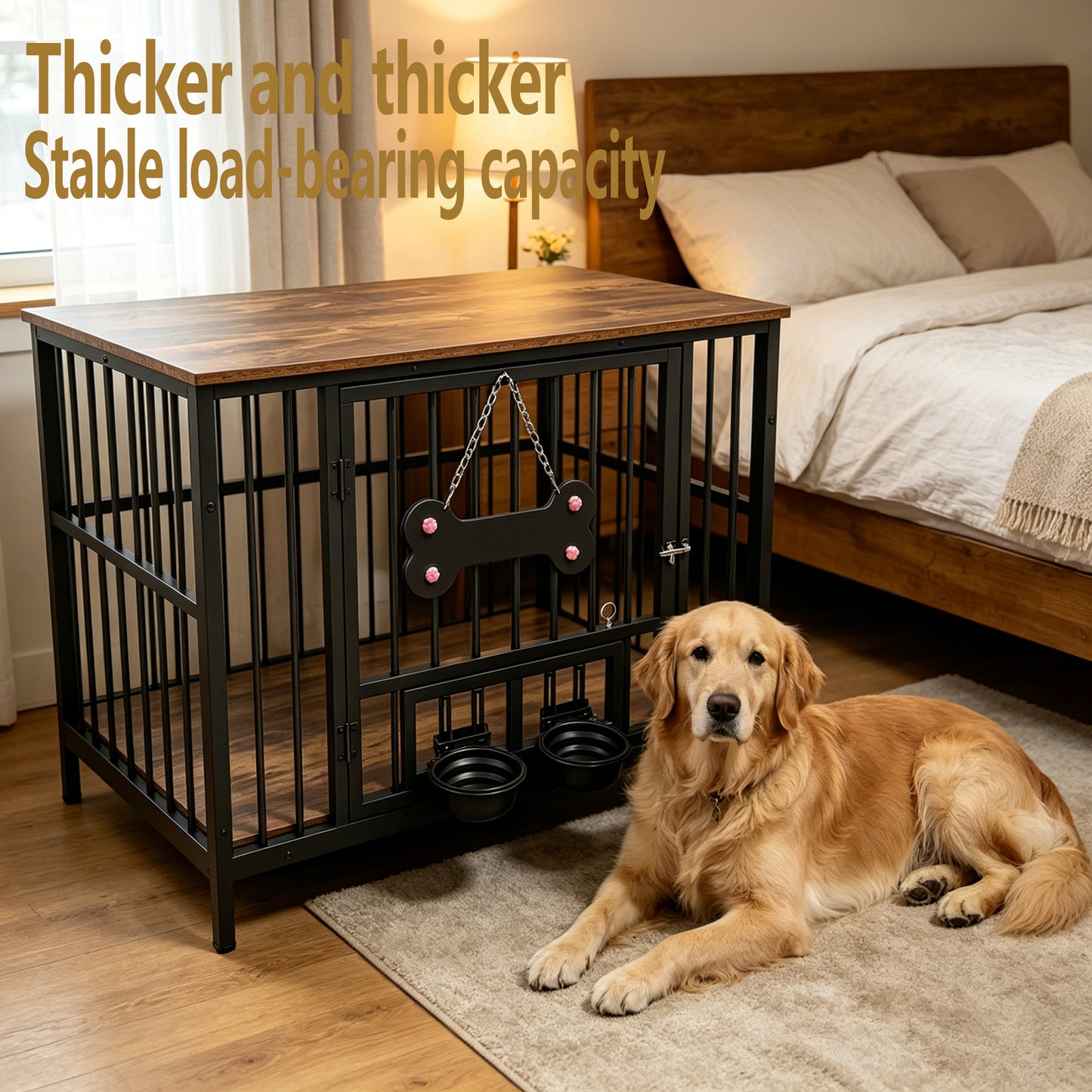 Wood Grain Dog Cage with Rotating Bowl and Silicone Safety Material - Pet Guardrails