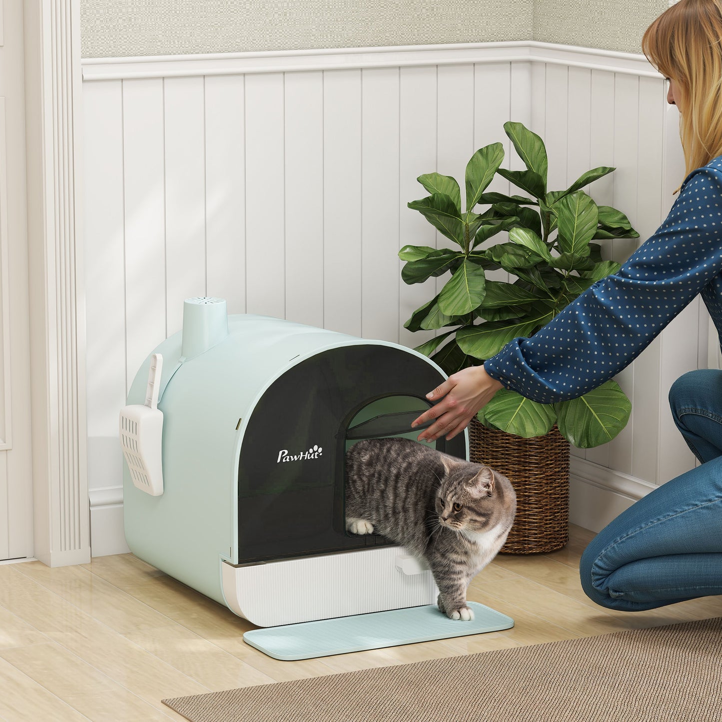 Enclosed Cat Litter Box with Lid, Drawer, Scoop & Mat - Green, 475x455x460 mm