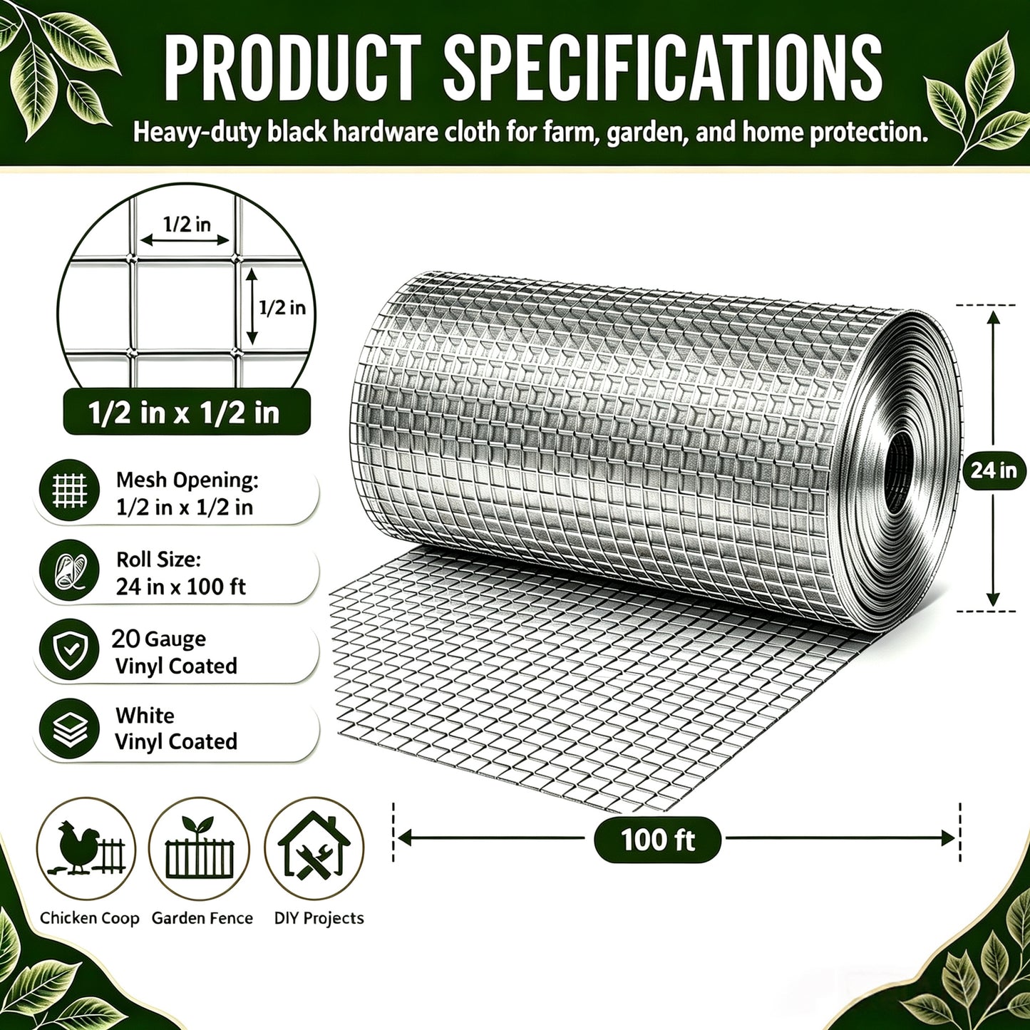 24in x 100ft Silver Metal Mesh Chicken Wire Roll for Fencing