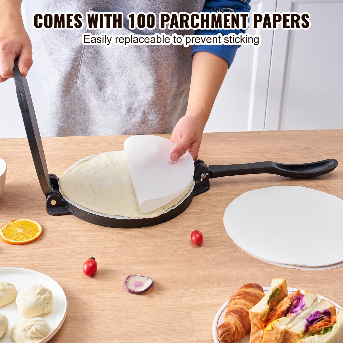 10-Inch Cast Iron Tortilla Press - Heavy Duty Roti & Dough Maker with Parchment Paper