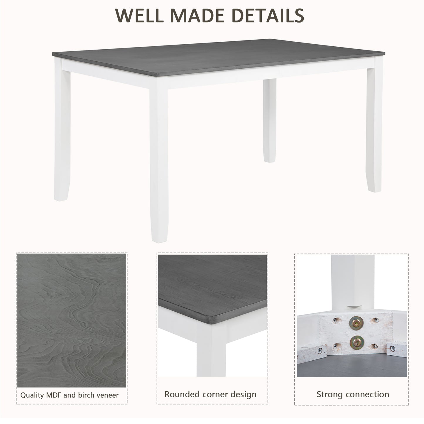 6-Piece Dining Set with Rectangular Table, Chairs & Bench - Grey & White