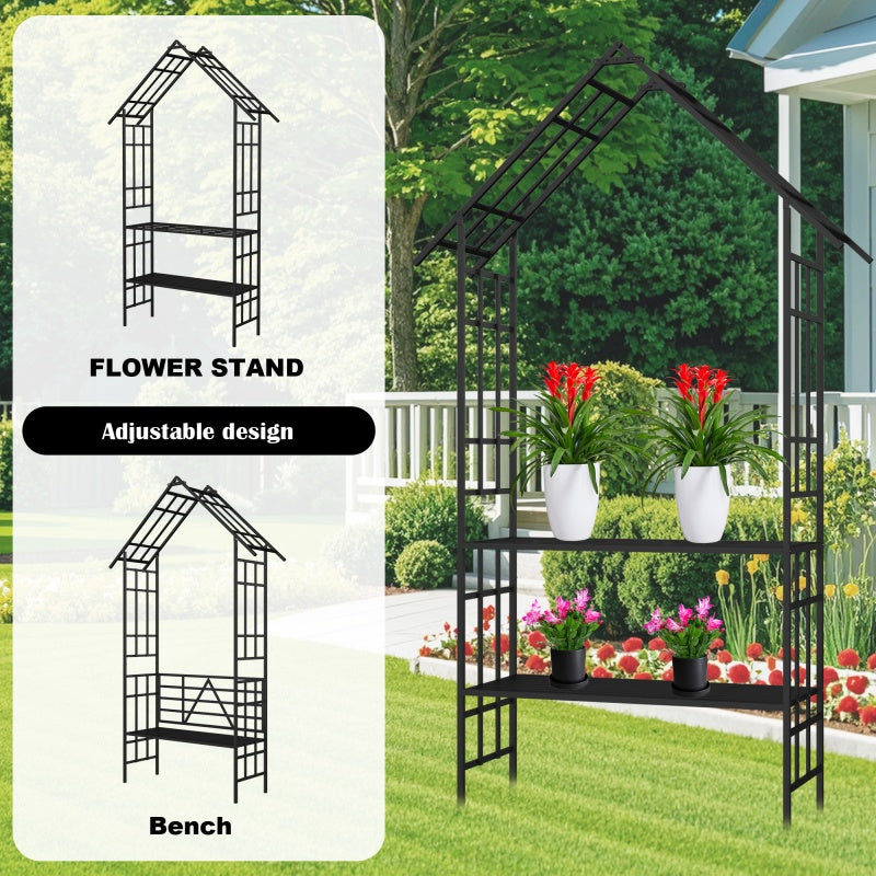 Metal Garden Arch with Convertible Bench and Flower Rack Support - Outdoor Black