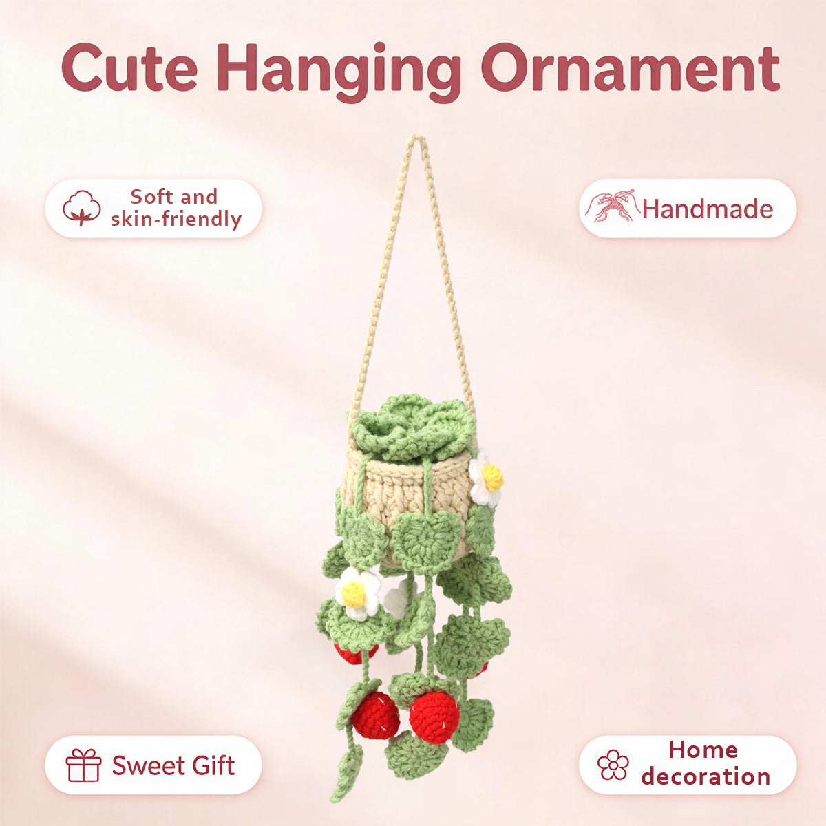 Handmade Crochet Hanging Plant Ornament with Strawberry & White Blossom Decor - Indoor Home Decor