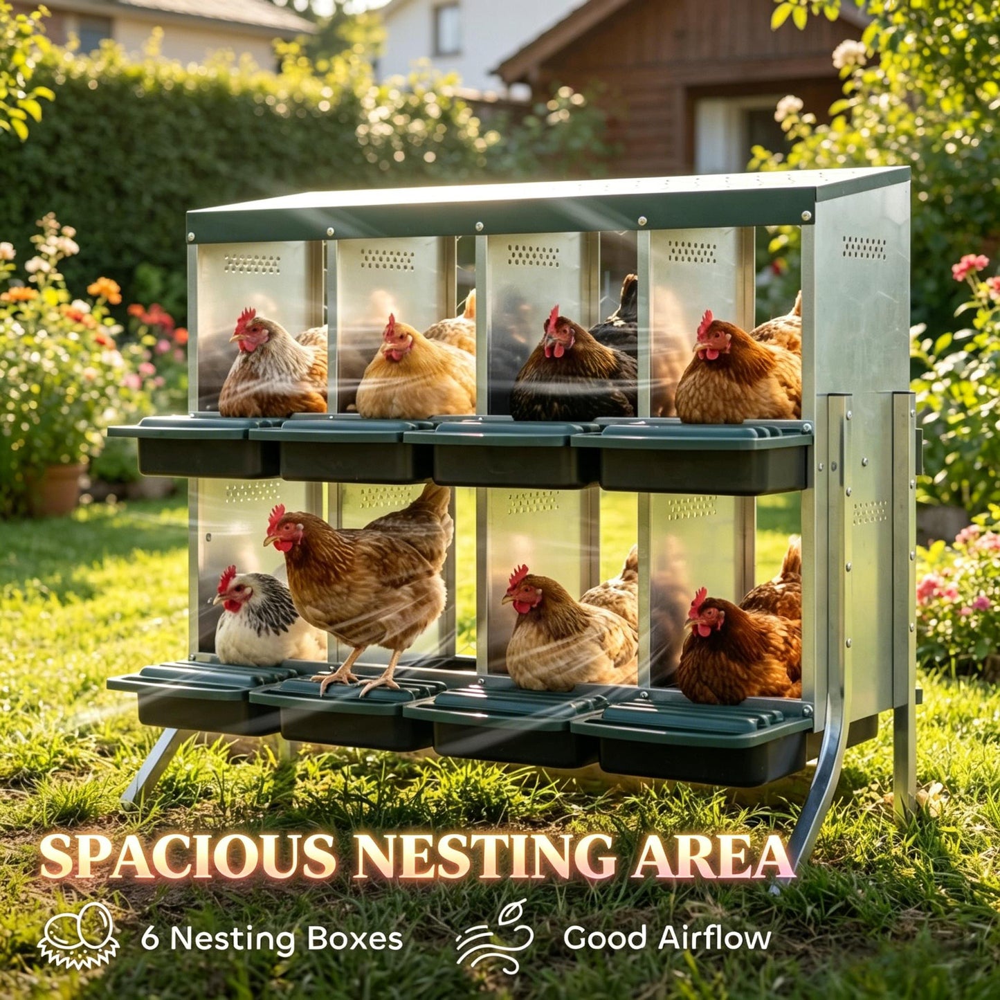 Chicken Nesting Boxes with 8 Ventilated Compartments - Black, Green, Silver