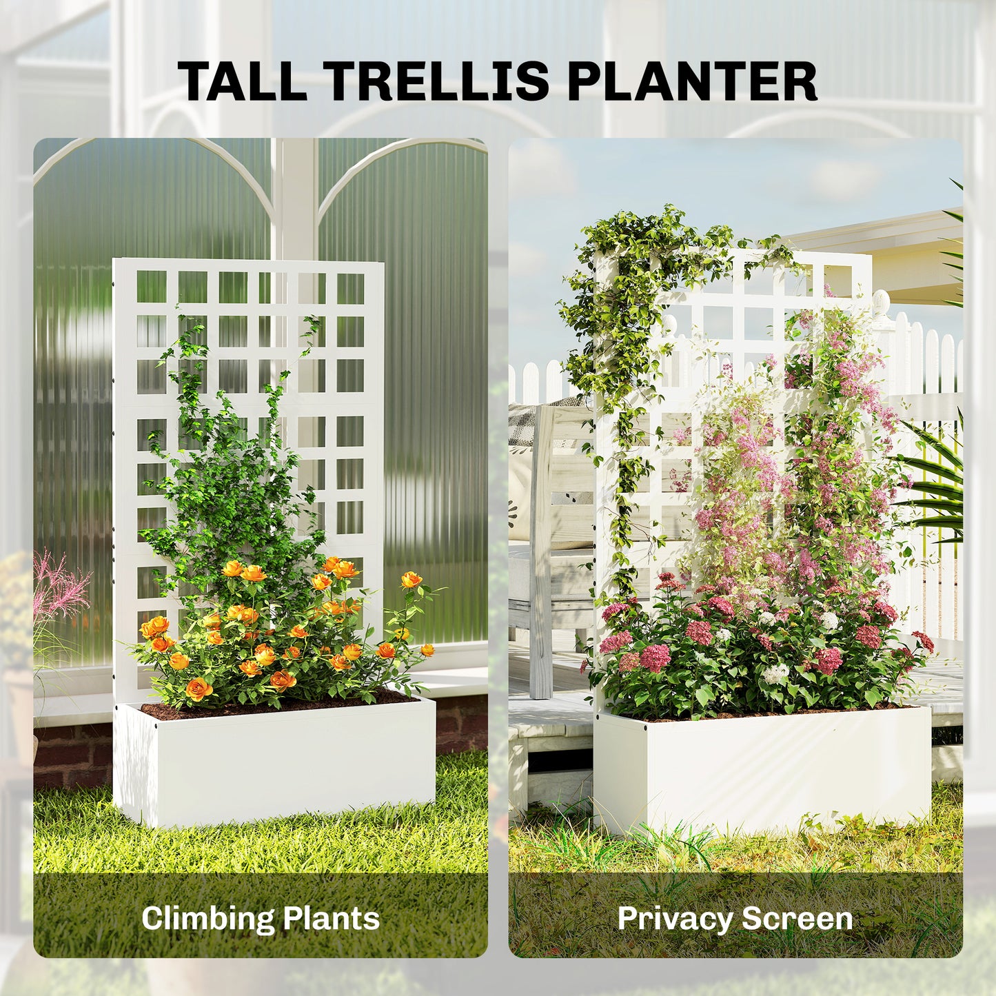 Galvanized Steel Raised Garden Bed with Trellis 24x9x44.5 Inches - White