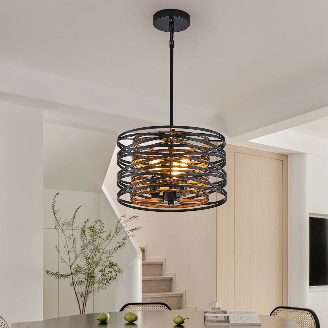 3-Light Industrial Pendant Chandelier with Wood Accents