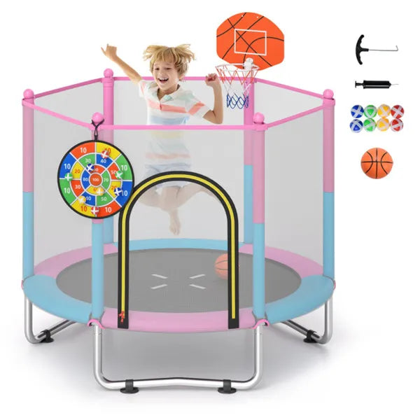 60" Kids Trampoline with Basketball Hoop & Dartboard - 3-in-1