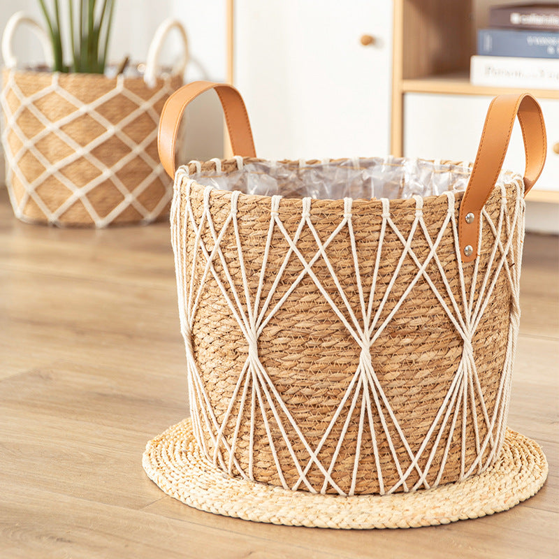 Floor-standing Flower Basket with Woven Straw Design - Garden & Home Decor
