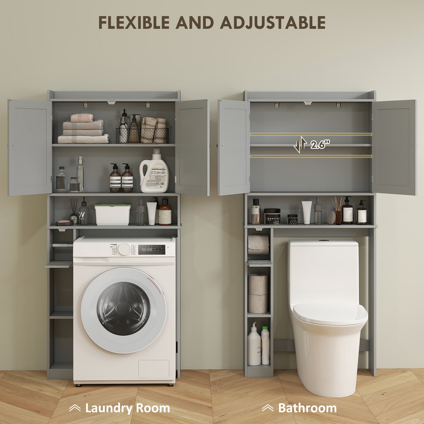Over The Toilet Storage Cabinet with 2 Doors and Tissue Holder - Gray