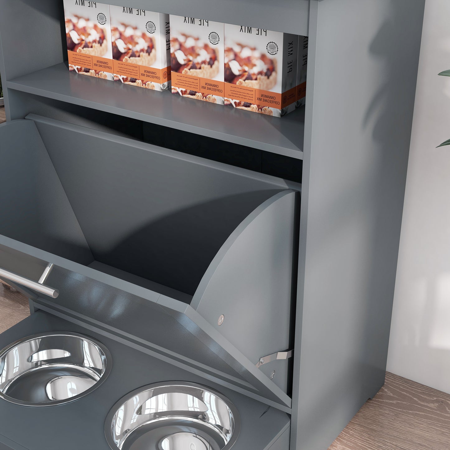 Dog Food Storage Container with Locking Locker and Raised Bowl - Grey Pet Feeding Station