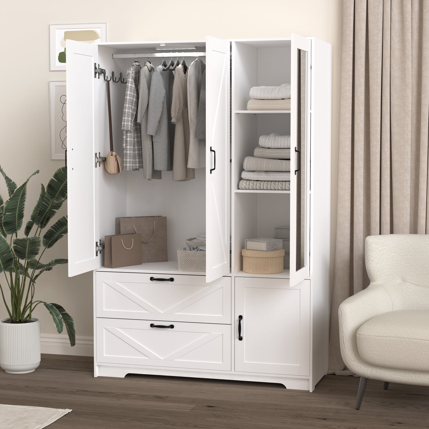 4-Door White Wardrobe Closet with Mirror & LED Lighting