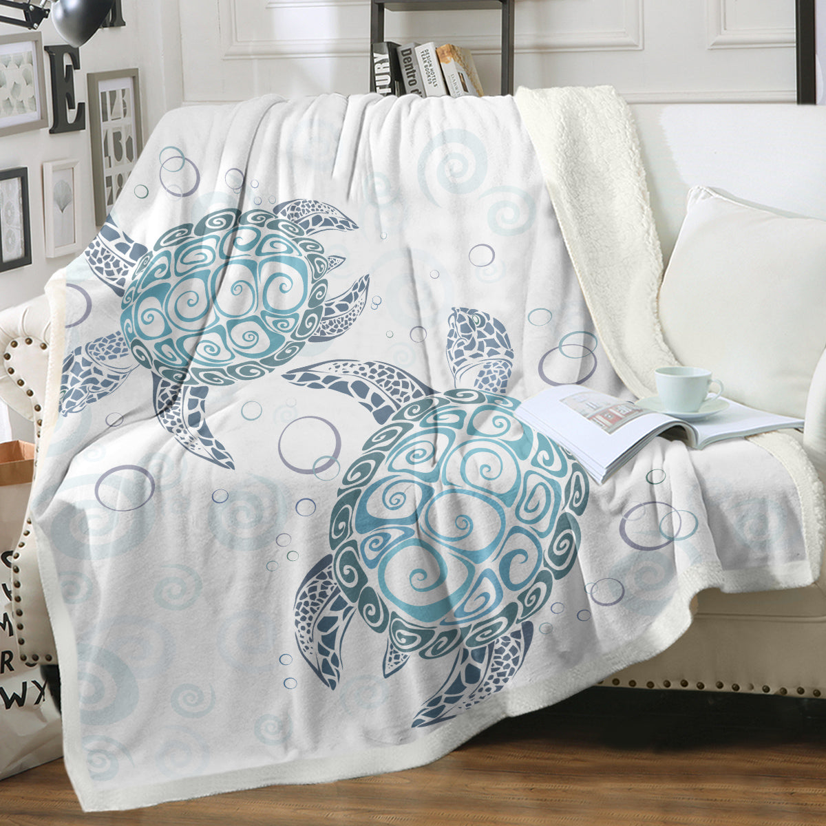 Sea Turtle Sherpa Fleece Throw Blanket - Aqua Teal Blue Ocean Plush Bed Cover