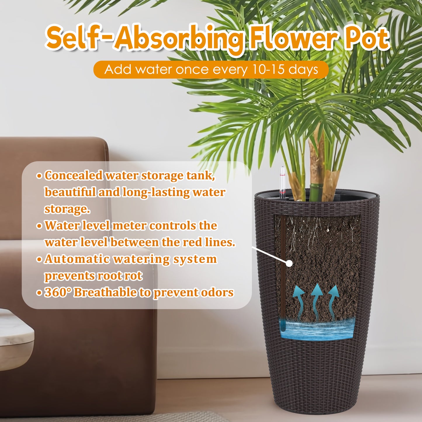 Set Of 2 Faux Rattan Tall Planters Outdoor Indoor Large With Water